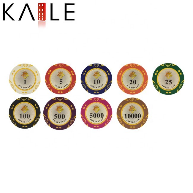 Factory wholesale true clay poker chips custom logo 14gram 40mm propesional chip with number value sticker for casino table game