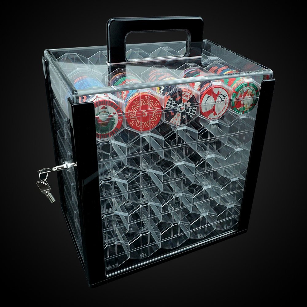 Factory supply 1000ct clear acrylic poker chip bird cage carrier case with lock include 10 racks storage 43mm casino poker chip