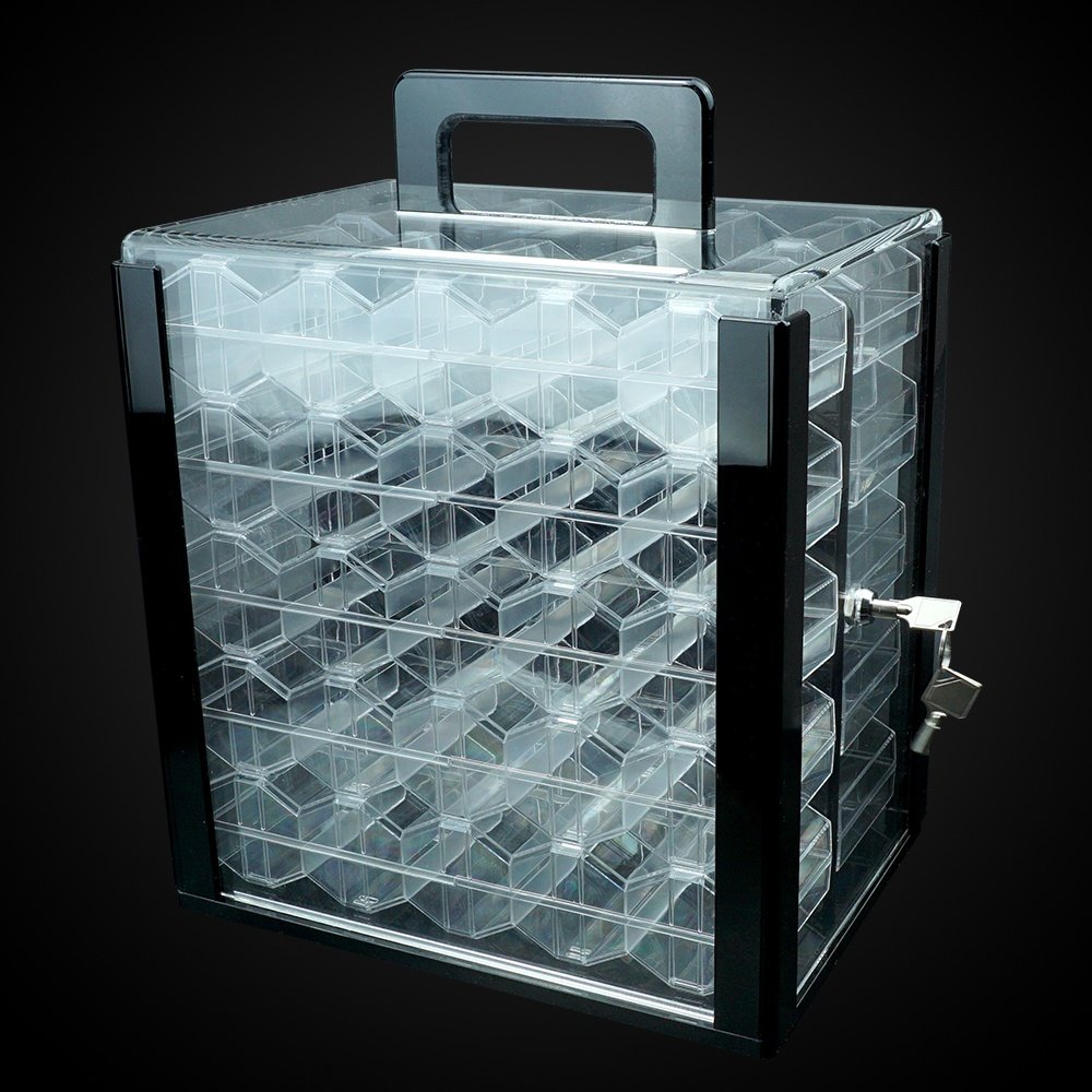 Factory supply 1000ct clear acrylic poker chip bird cage carrier case with lock include 10 racks storage 43mm casino poker chip