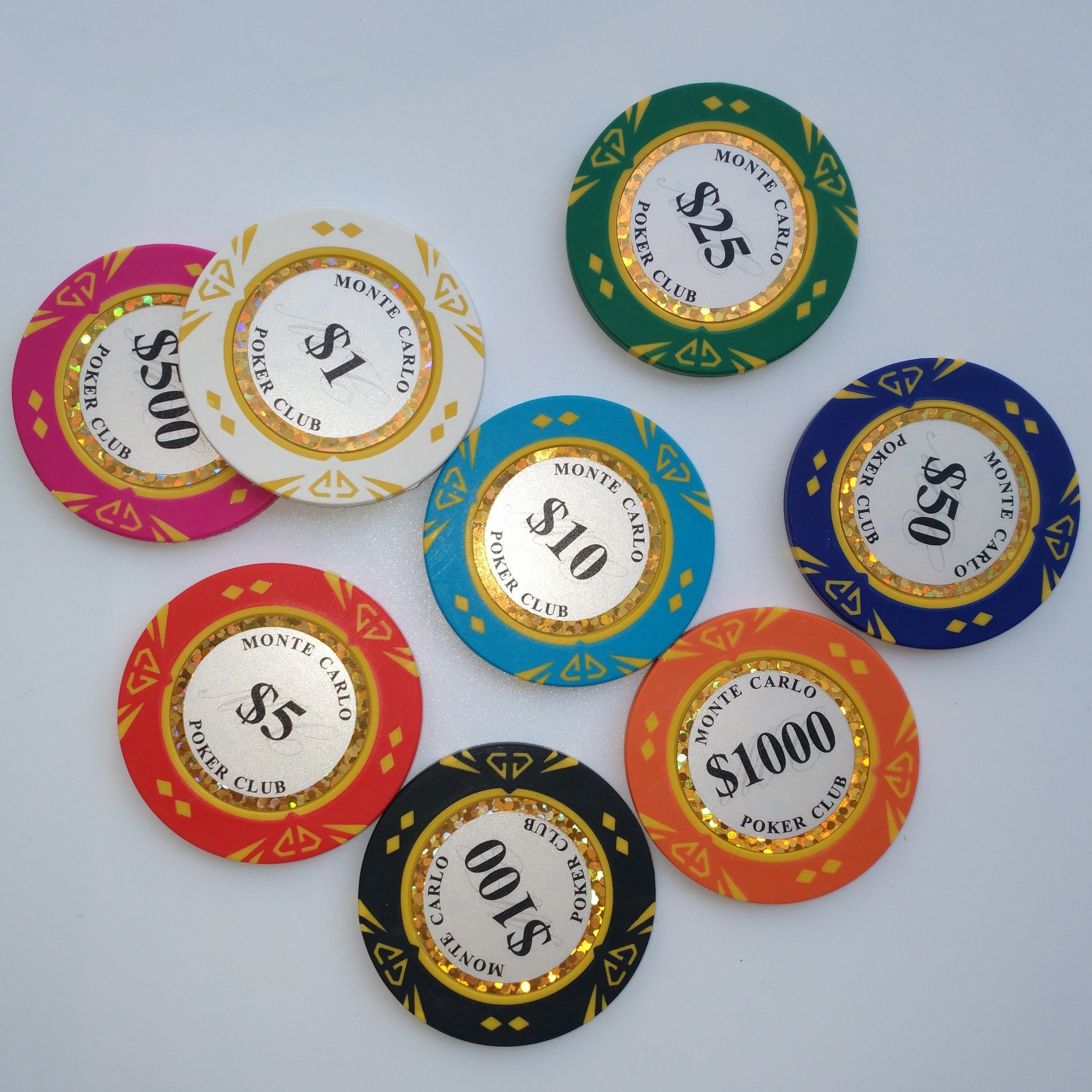 Hot sale 14G clay poker chip with GOLD TRIM stickers