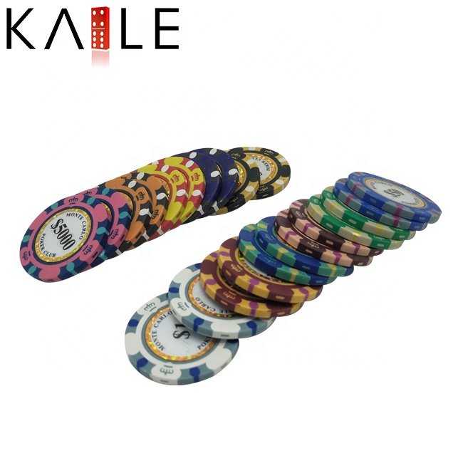 Casino quality clay poker chips 14g 40mm 3 tone monte carlo chip 11 colors pack of 25 or 50pcs per roll for casino grade game