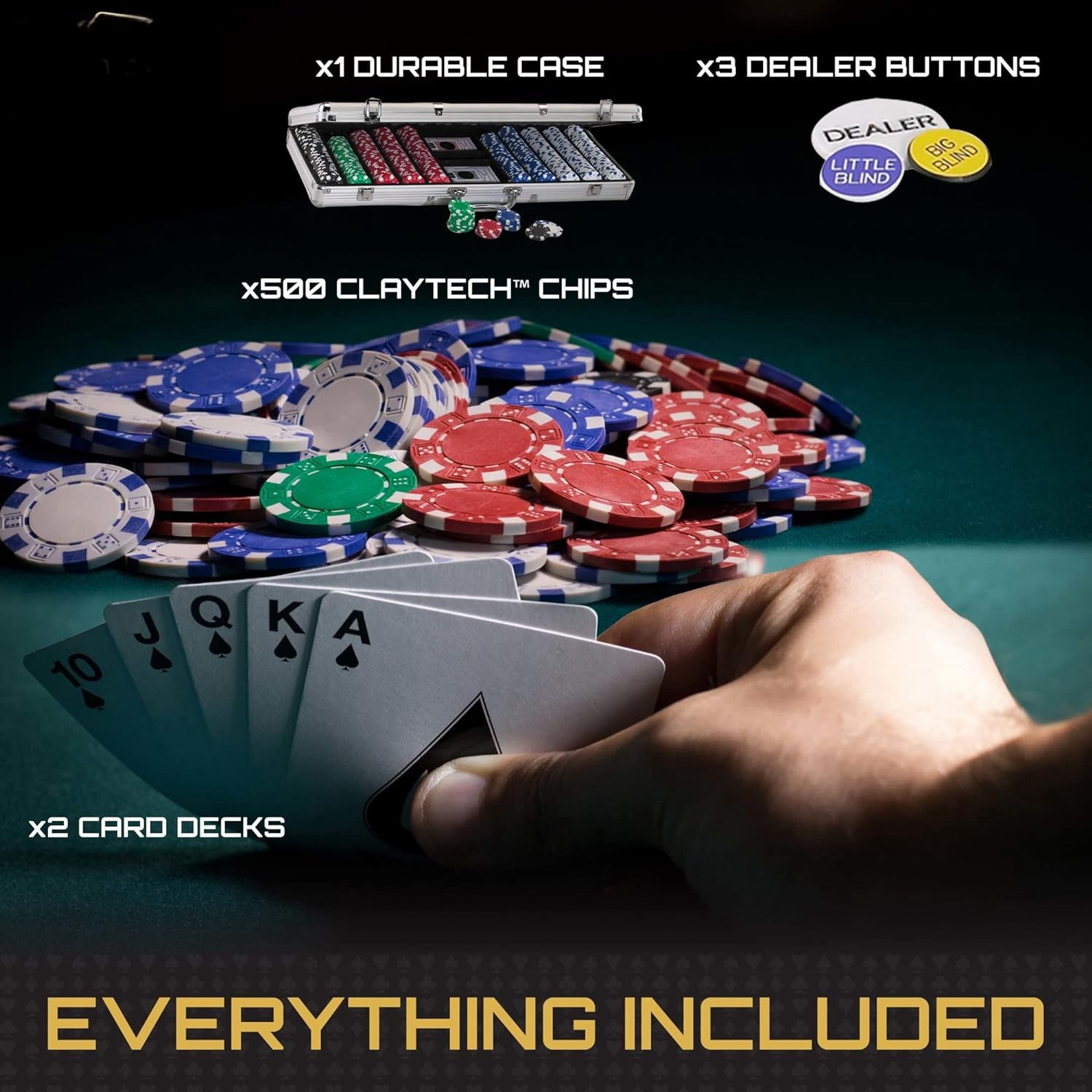 11.5 Gram Texas Hold 'em Claytec Poker Chip Set with Aluminum Case, 500 Striped Dice Chips