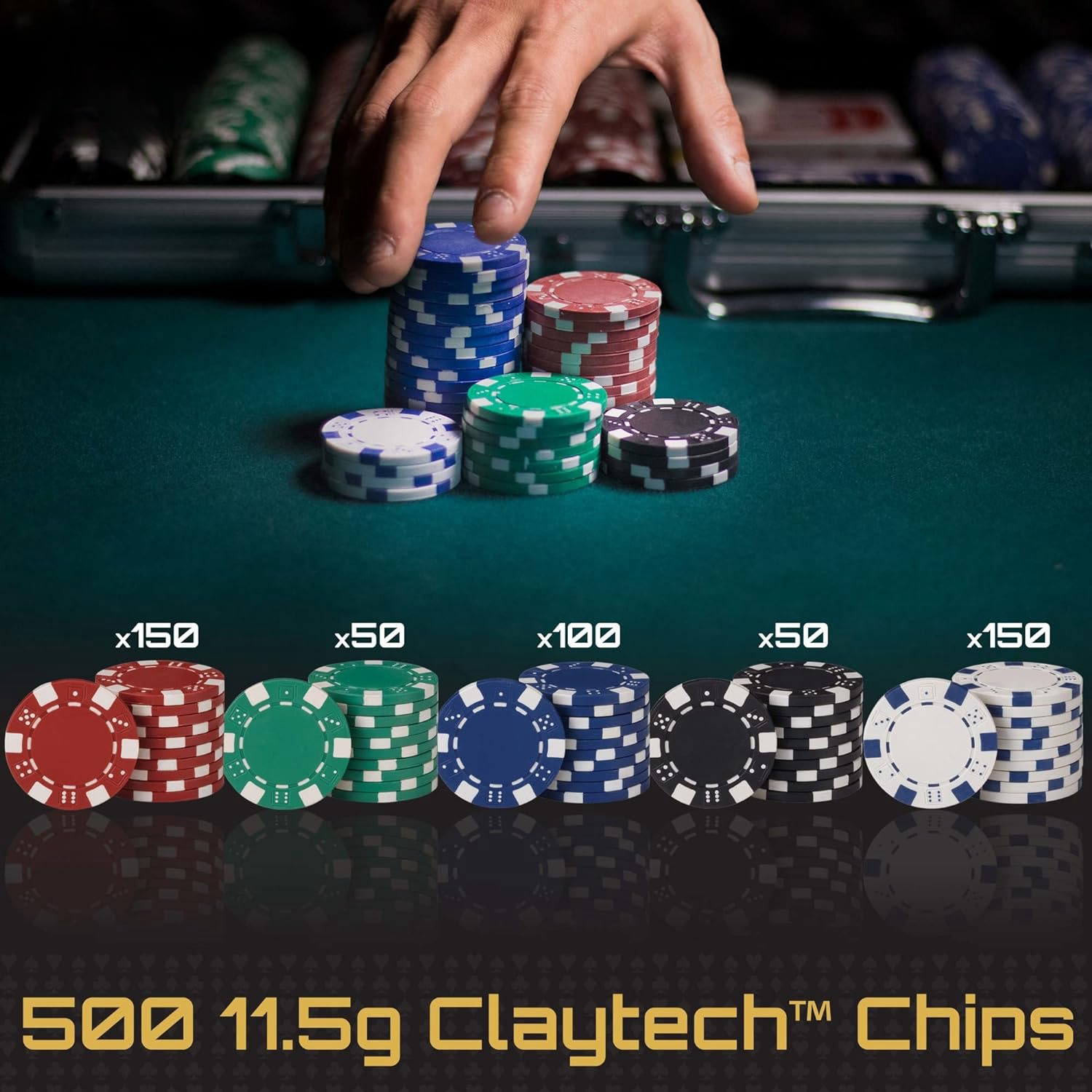 11.5 Gram Texas Hold 'em Claytec Poker Chip Set with Aluminum Case, 500 Striped Dice Chips