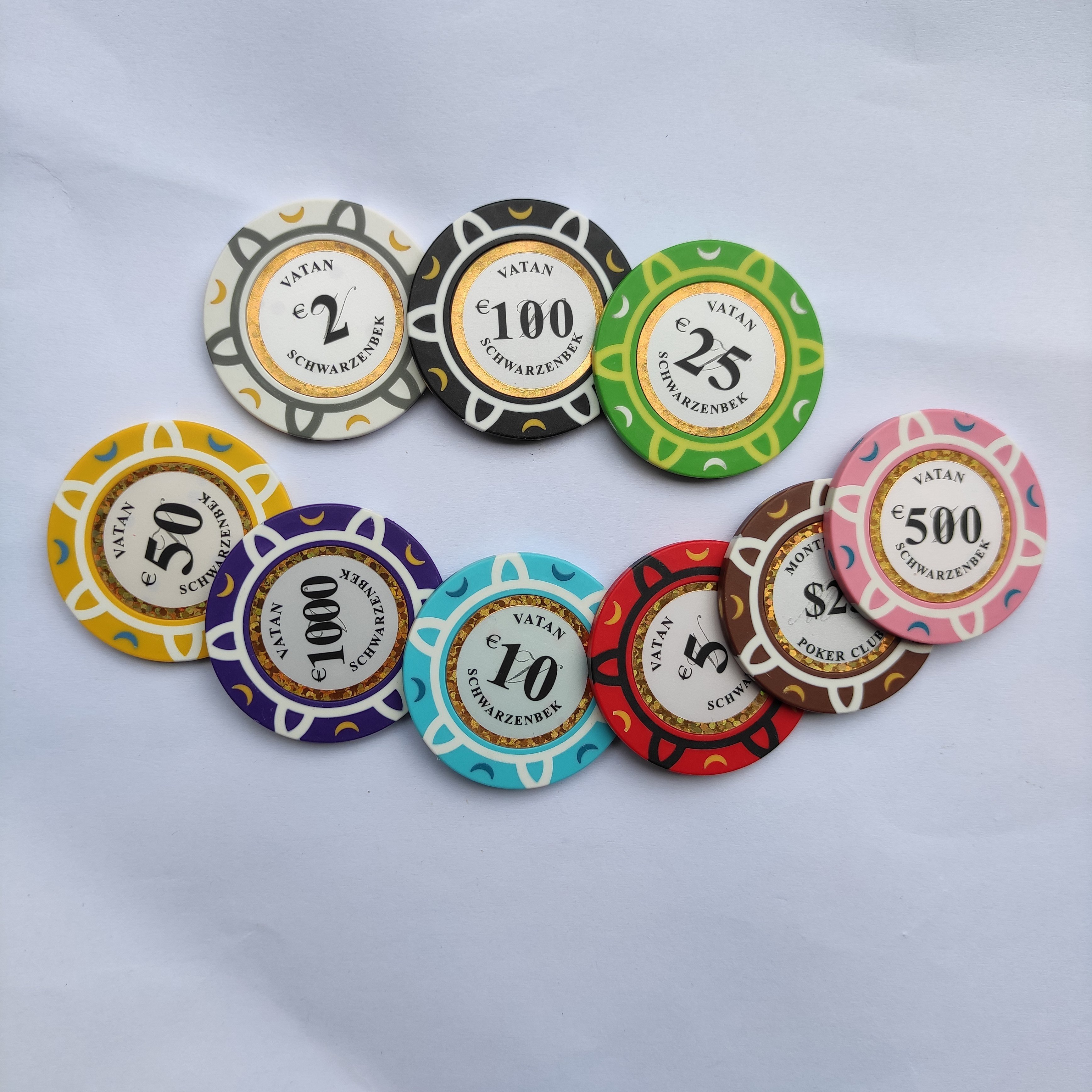 14G 3 TONE real clay poker chips custom made your design with gold trim labels inlay