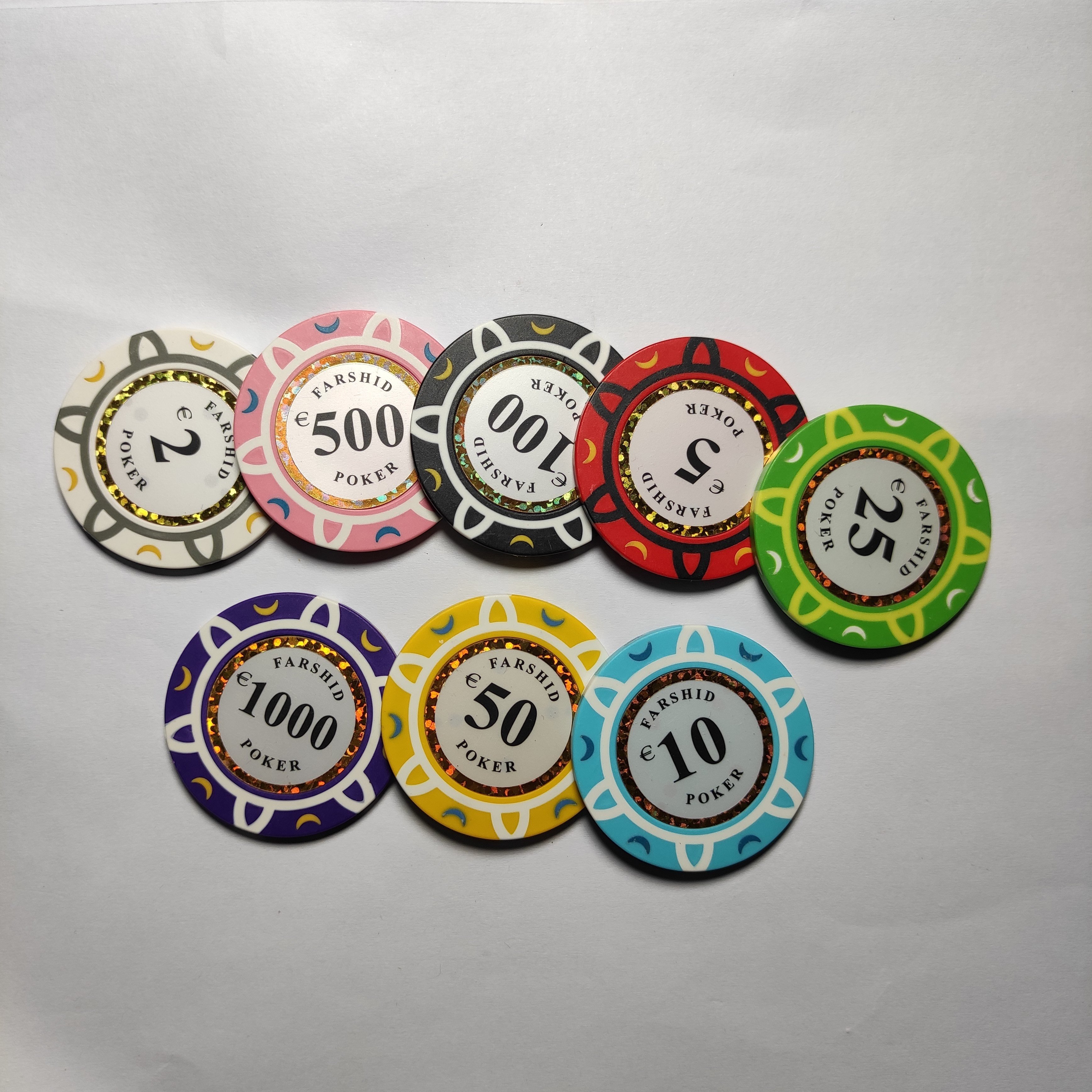 14G 3 TONE real clay poker chips custom made your design with gold trim labels inlay