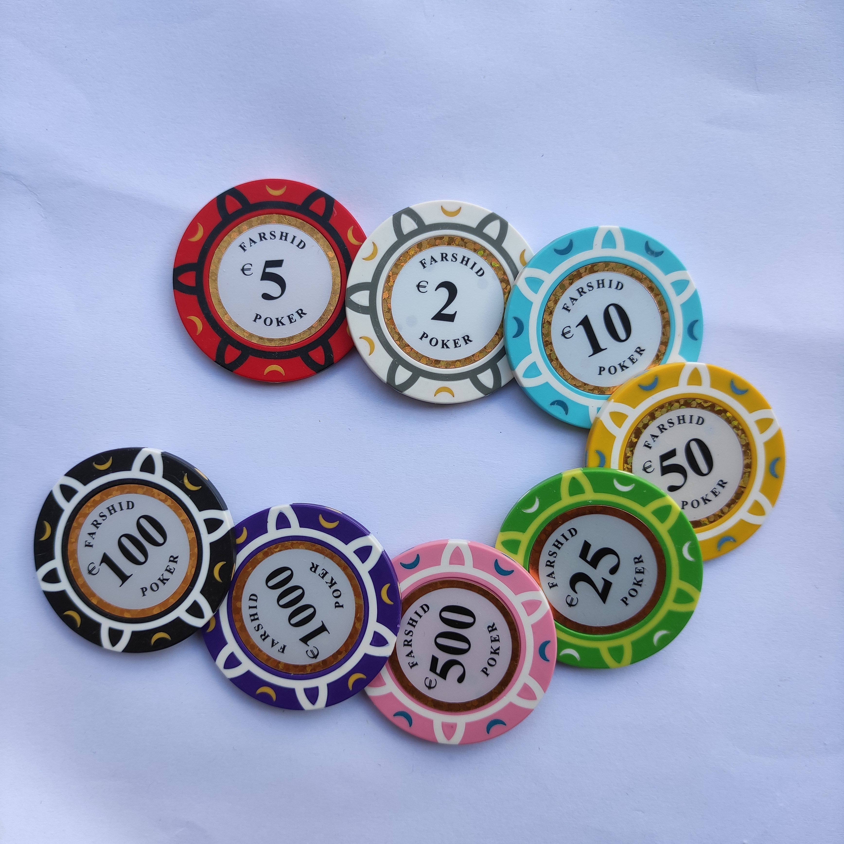 14G 3 TONE real clay poker chips custom made your design with gold trim labels inlay