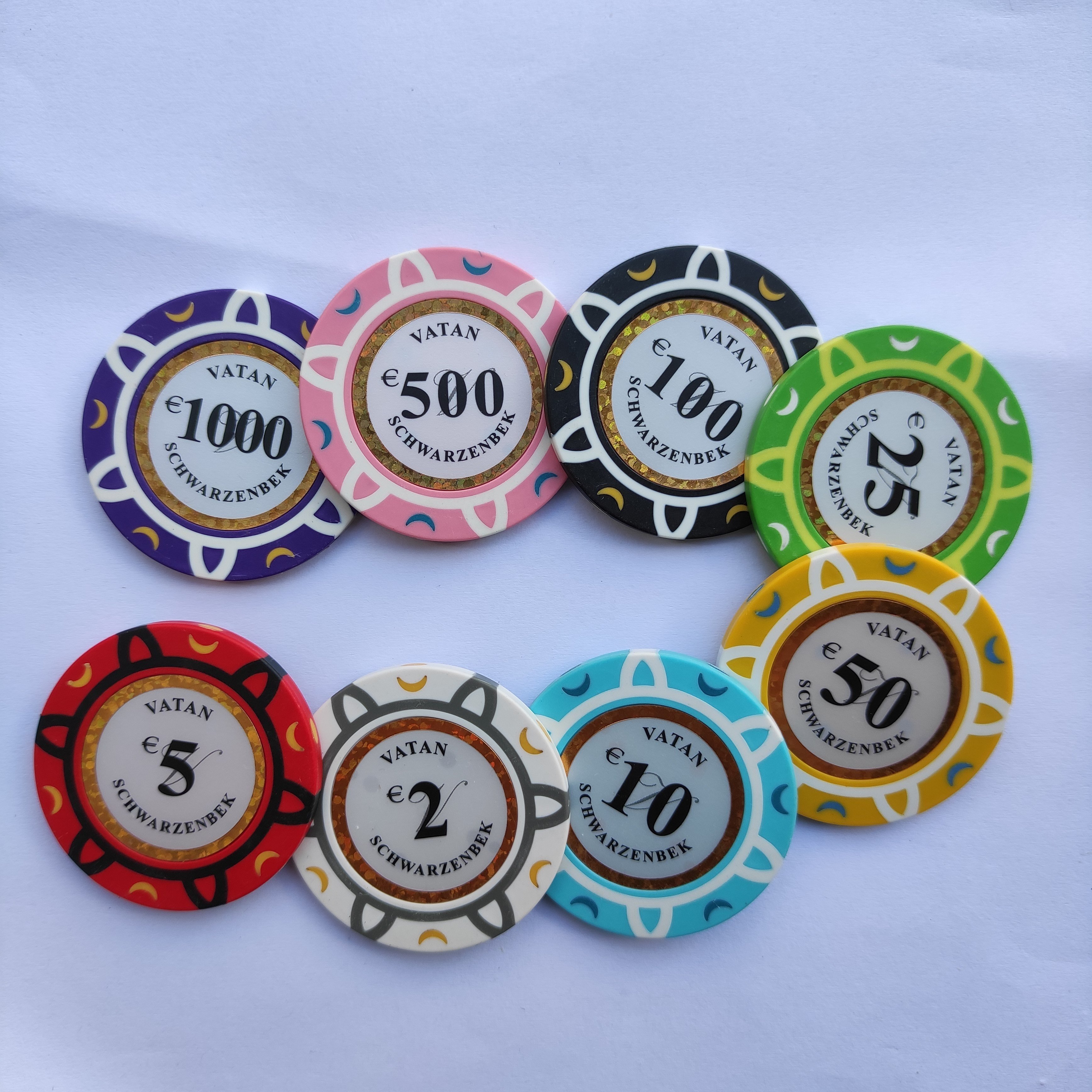 14G 3 TONE real clay poker chips custom made your design with gold trim labels inlay