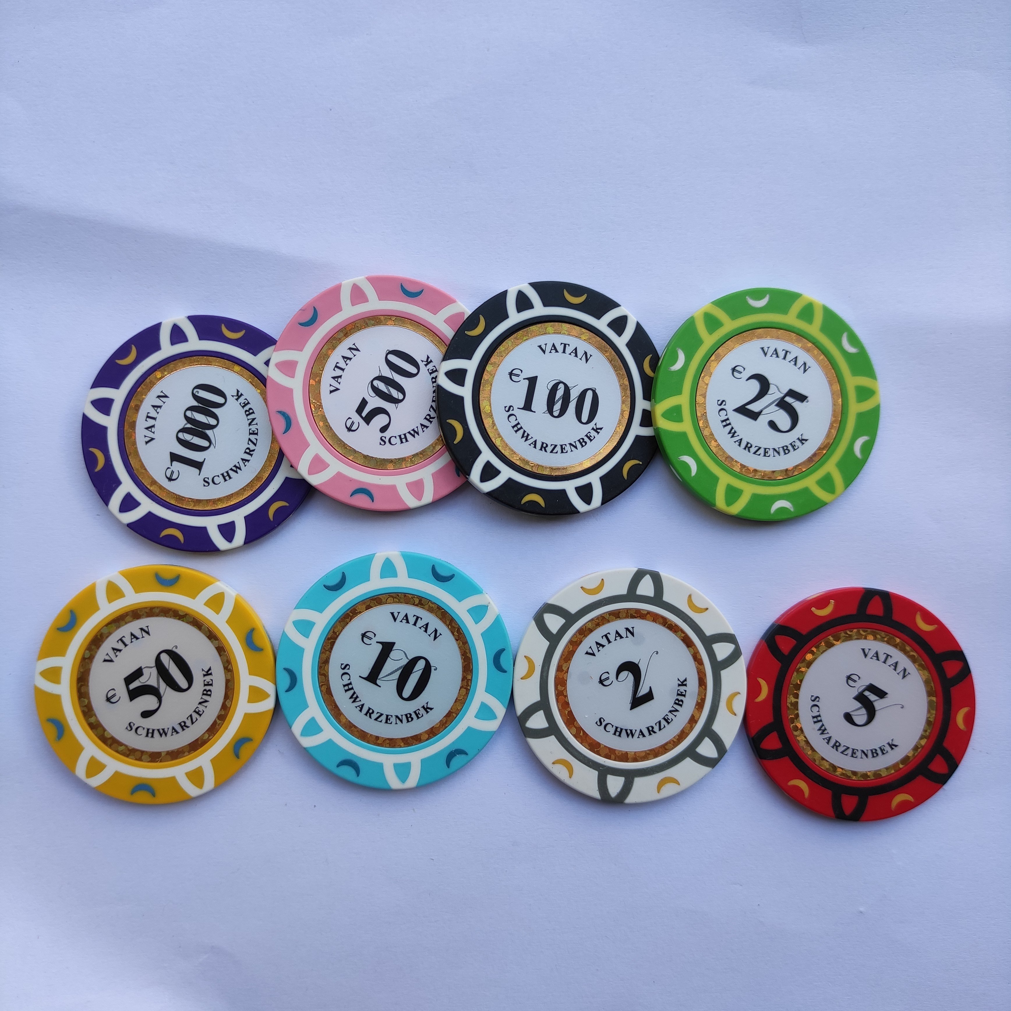 14G 3 TONE real clay poker chips custom made your design with gold trim labels inlay