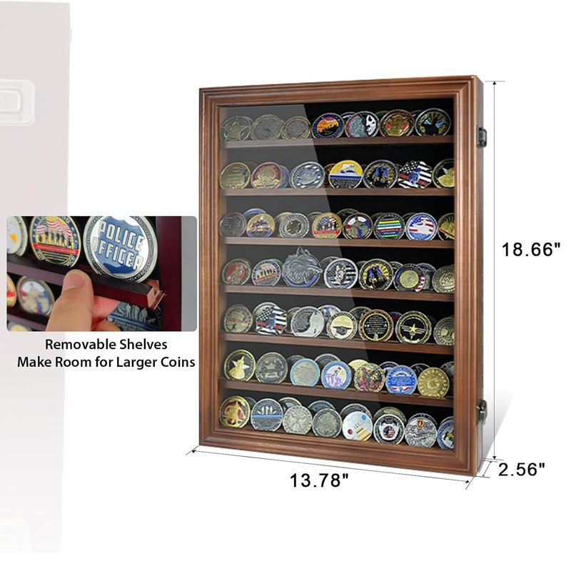 Challenge Coin Holder Display Cabinet Wall Mount with Glass Wood Military Medal Shadow Box Display Case with Removable Shelves