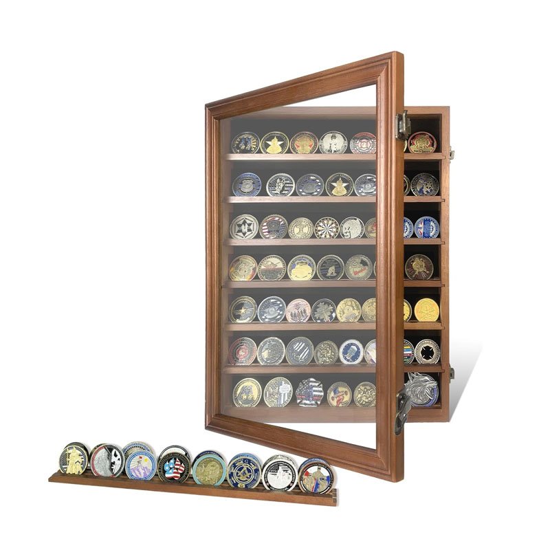 Challenge Coin Holder Display Cabinet Wall Mount with Glass Wood Military Medal Shadow Box Display Case with Removable Shelves