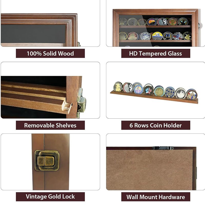 Challenge Coin Holder Display Cabinet Wall Mount with Glass Wood Military Medal Shadow Box Display Case with Removable Shelves