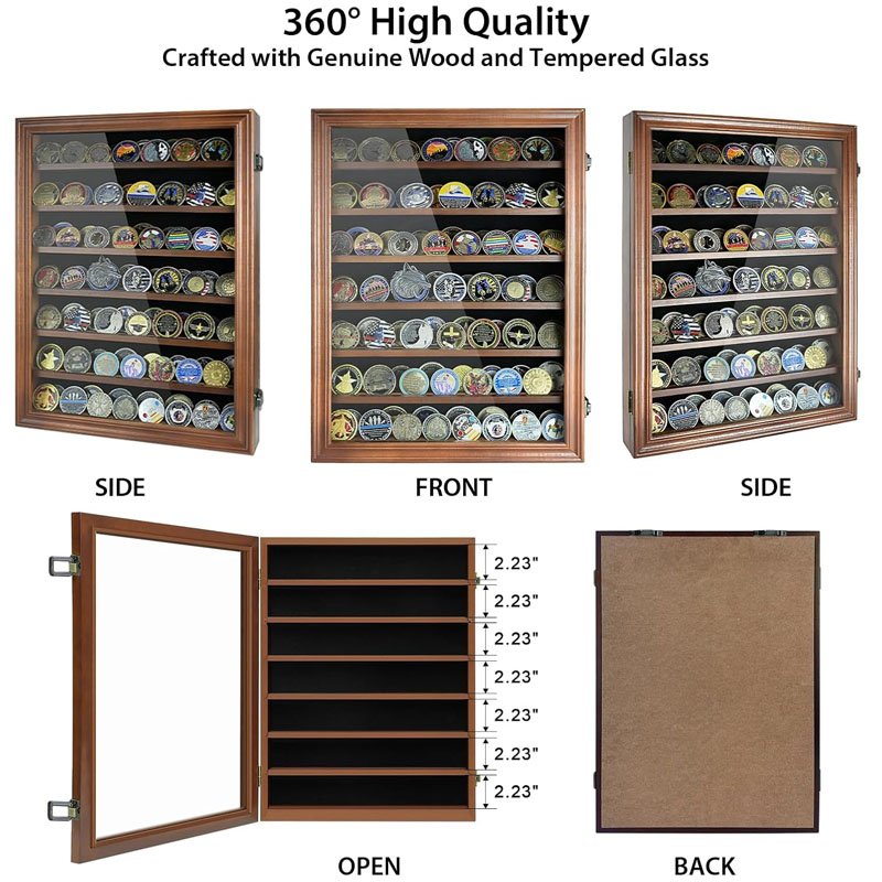 Challenge Coin Holder Display Cabinet Wall Mount with Glass Wood Military Medal Shadow Box Display Case with Removable Shelves