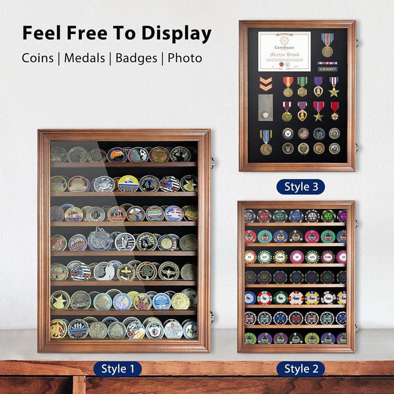 Challenge Coin Holder Display Cabinet Wall Mount with Glass Wood Military Medal Shadow Box Display Case with Removable Shelves
