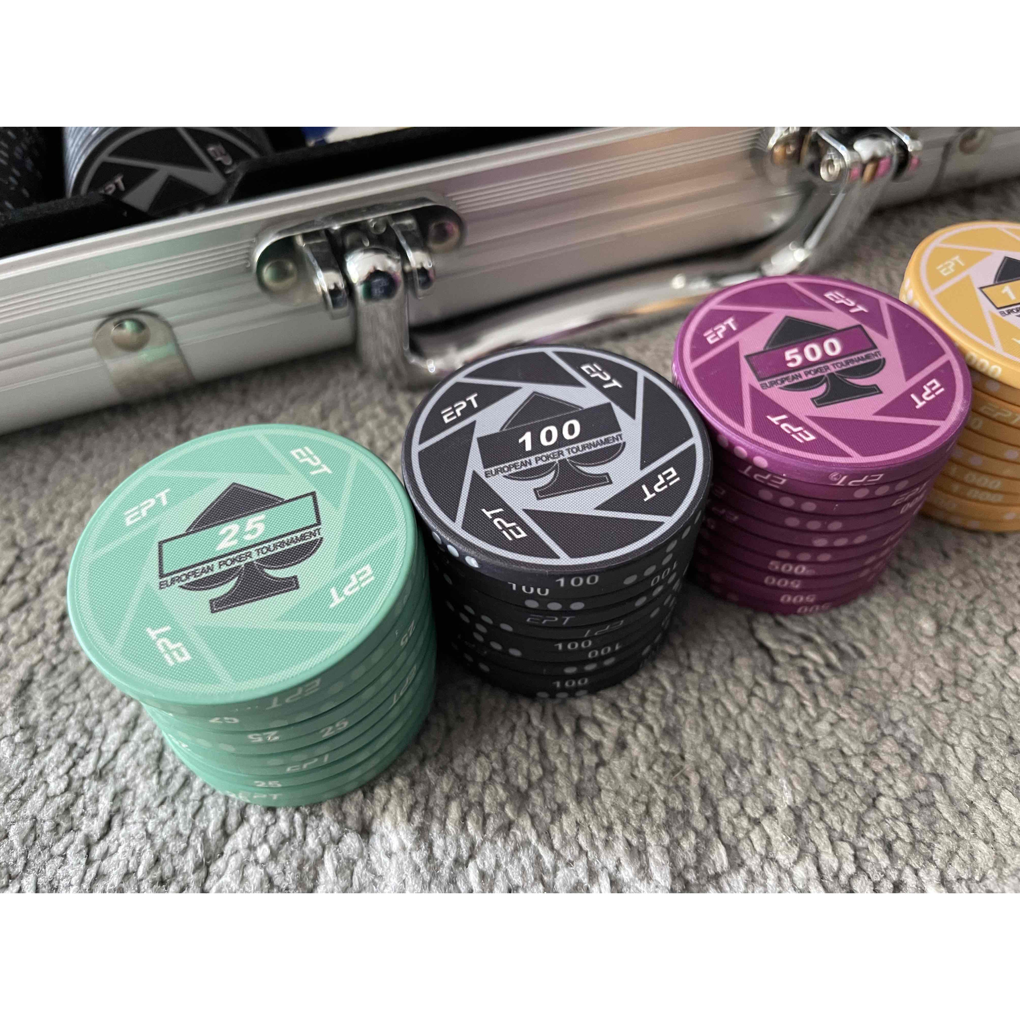 YH 100pcs 300pcs 500pcs 39mm Ceramic EPT Texas Poker Chips Gambling Game Chips Poker Set With Aluminum box