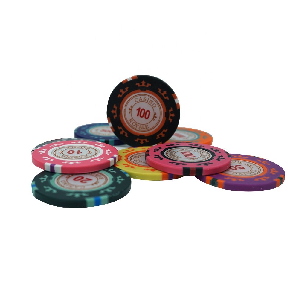 Factory supply 14g real three tone clay royal poker chips 40mm with casino number sticker custom design for casino gambling