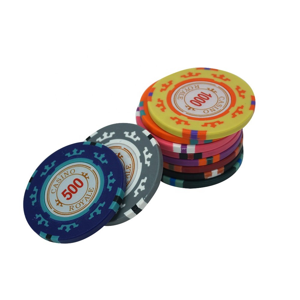 Factory supply 14g real three tone clay royal poker chips 40mm with casino number sticker custom design for casino gambling