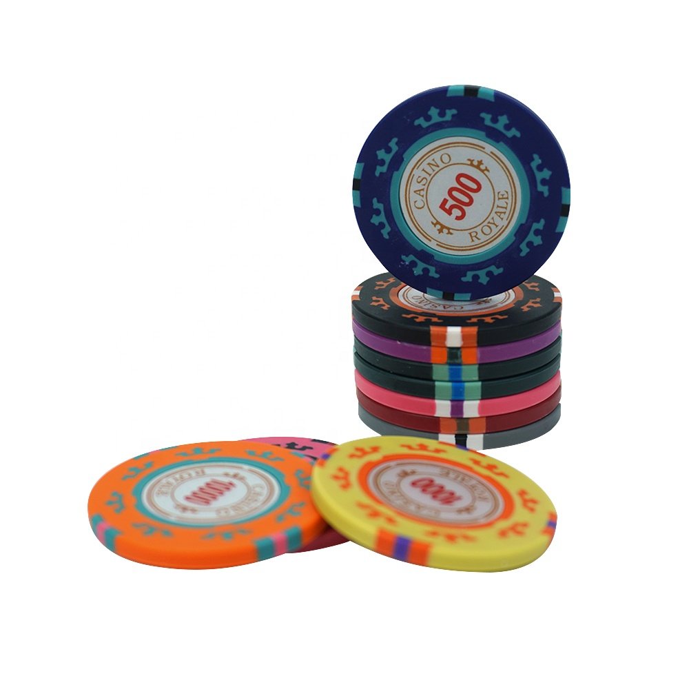 Factory supply 14g real three tone clay royal poker chips 40mm with casino number sticker custom design for casino gambling