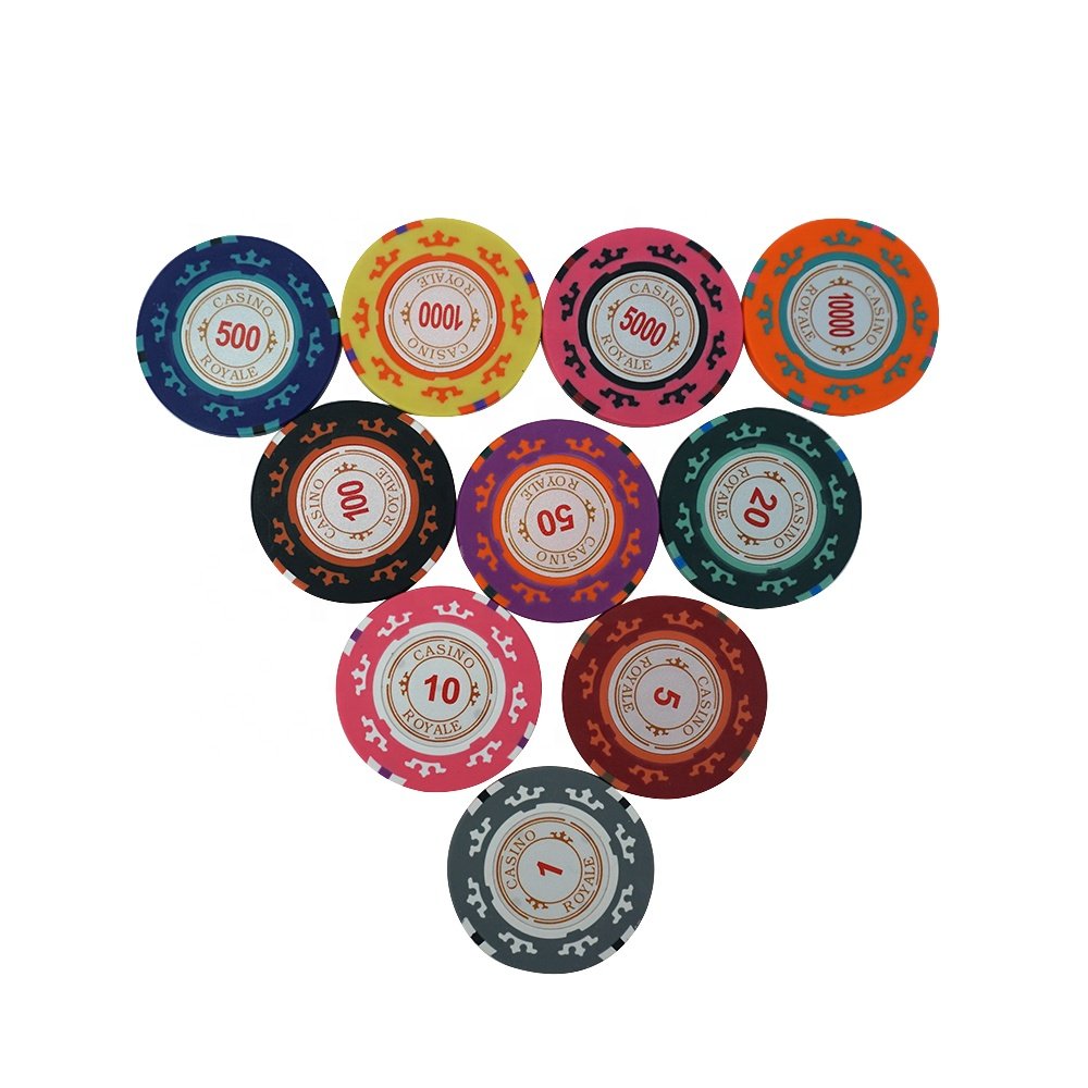 Factory supply 14g real three tone clay royal poker chips 40mm with casino number sticker custom design for casino gambling
