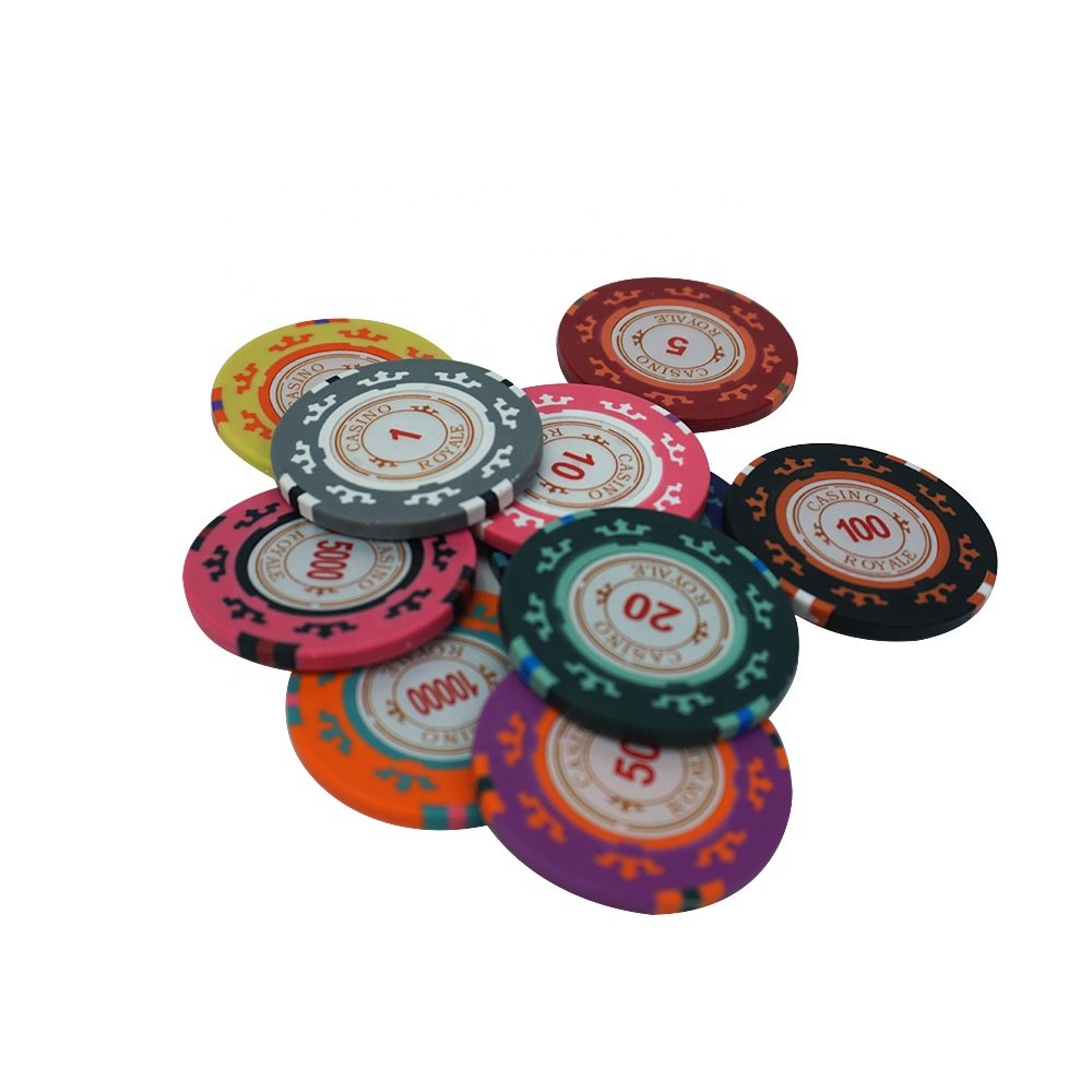 Factory supply 14g real three tone clay royal poker chips 40mm with casino number sticker custom design for casino gambling