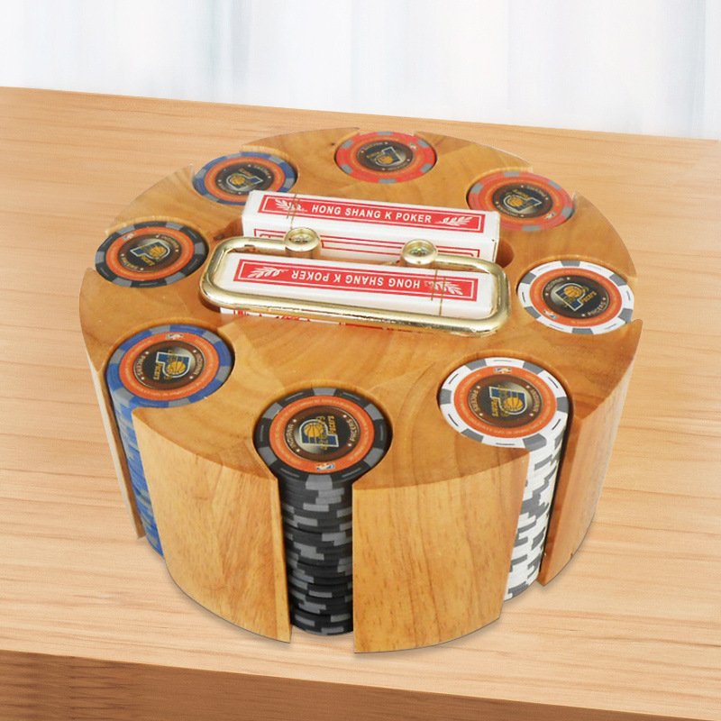 New Style Wholesale Casino Poker Chips Set with the Design Chips Visible Rotating Base Wooden Poker Chip Carousel
