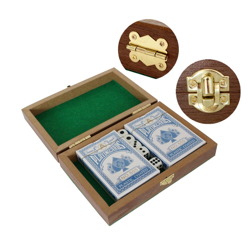 MDF Wooden Box Poker Set with Two Decks of Cards and Five Dice, Ideal for Poker Lovers and Beginners,Poker Set