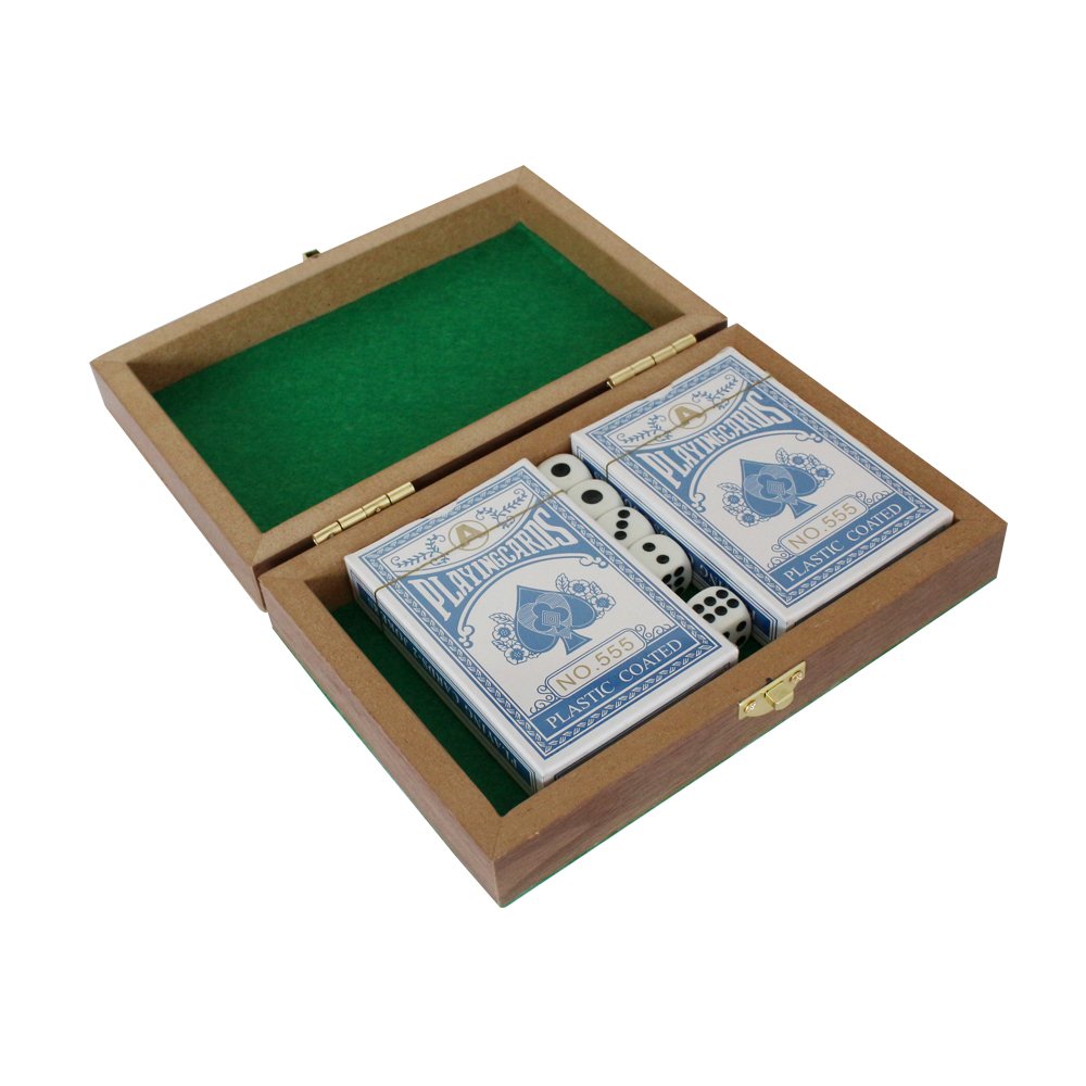 MDF Wooden Box Poker Set with Two Decks of Cards and Five Dice, Ideal for Poker Lovers and Beginners,Poker Set