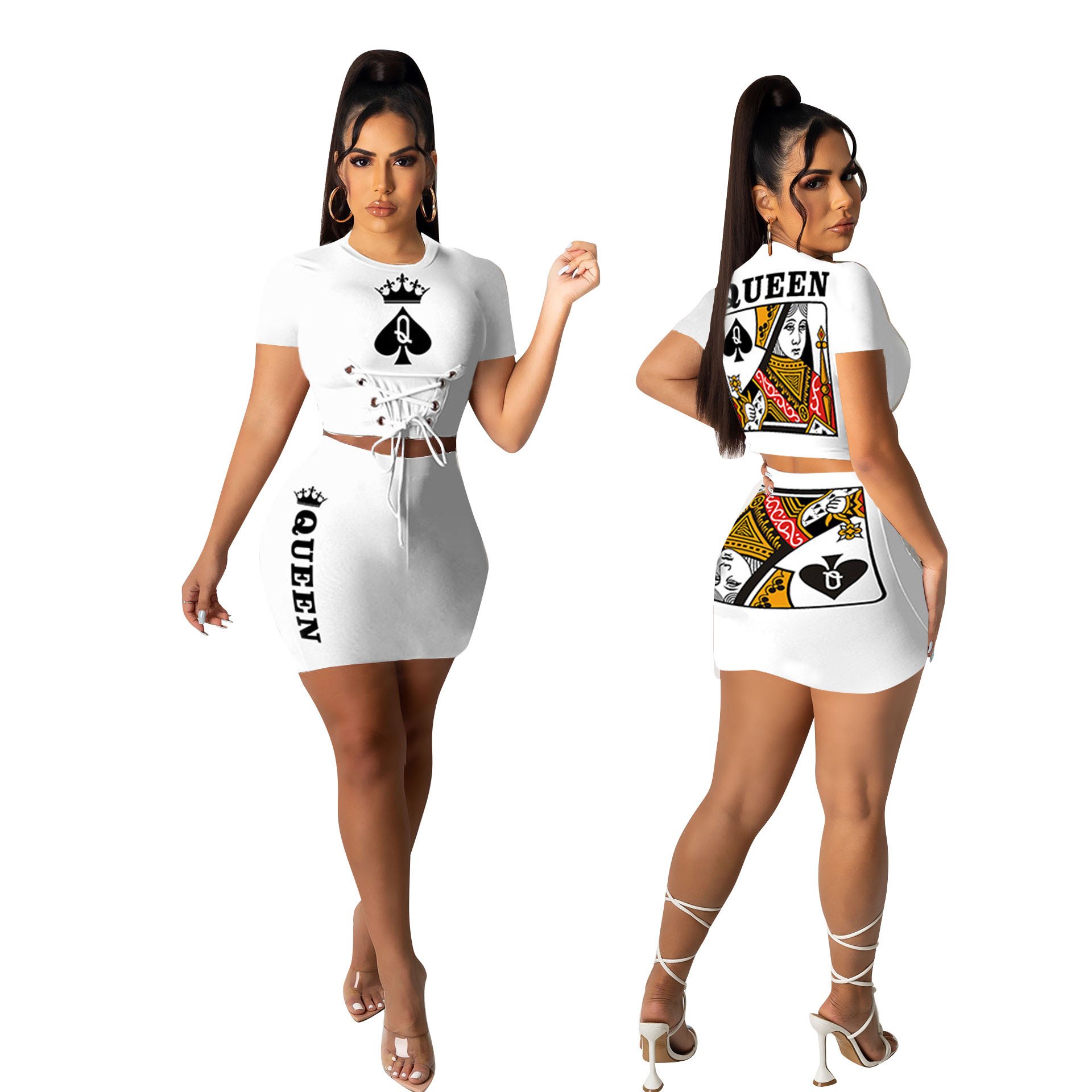 New arrivals Fashion Black Queen OutFit Custom Poker Chips Biker Shorts Womens Two Piece Tennis Short Skirt Set