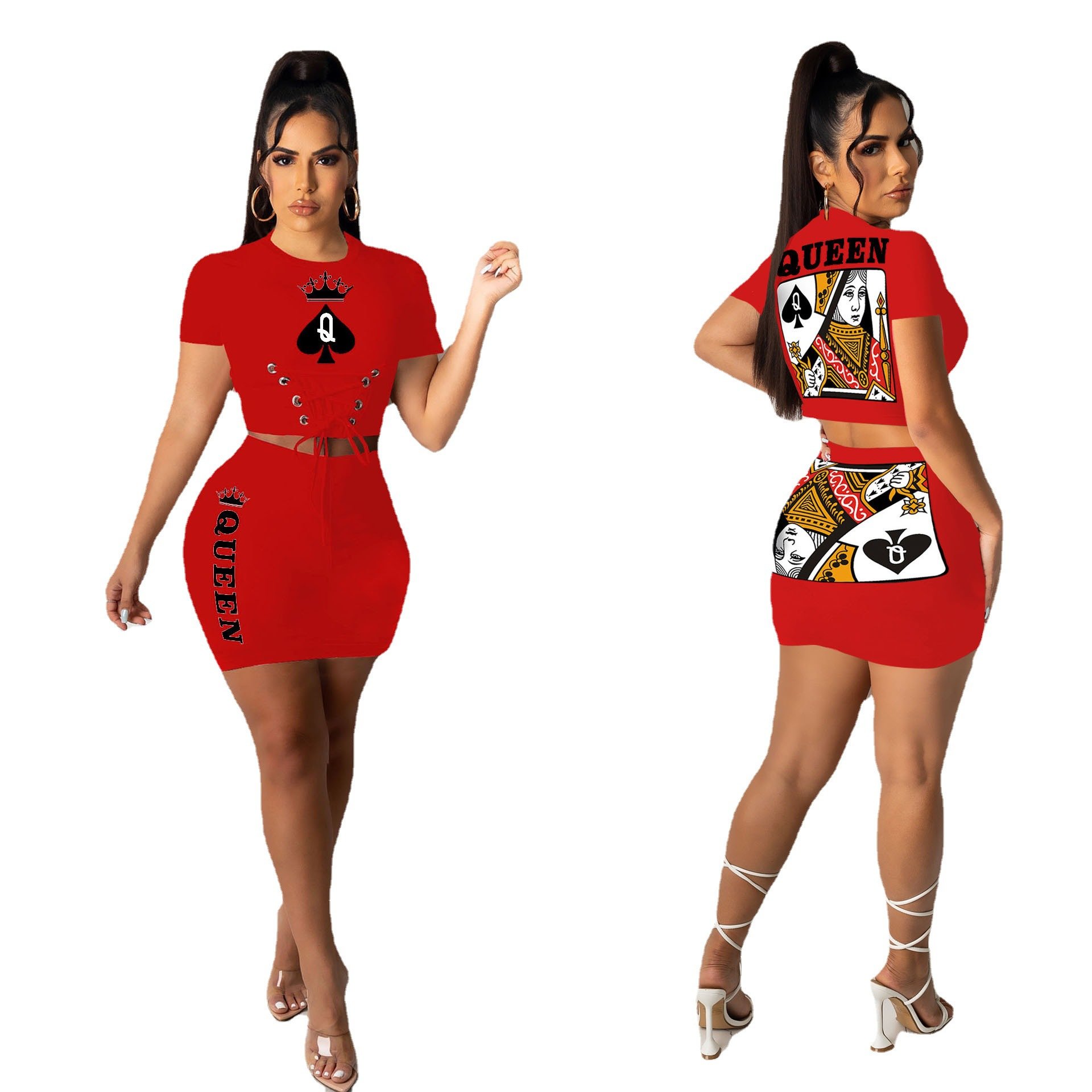 New arrivals Fashion Black Queen OutFit Custom Poker Chips Biker Shorts Womens Two Piece Tennis Short Skirt Set