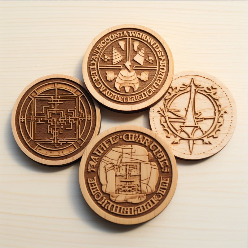 cheap eco friendly brand name logo engraved printed wood custom wooden coins
