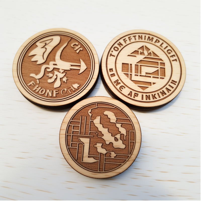 cheap eco friendly brand name logo engraved printed wood custom wooden coins