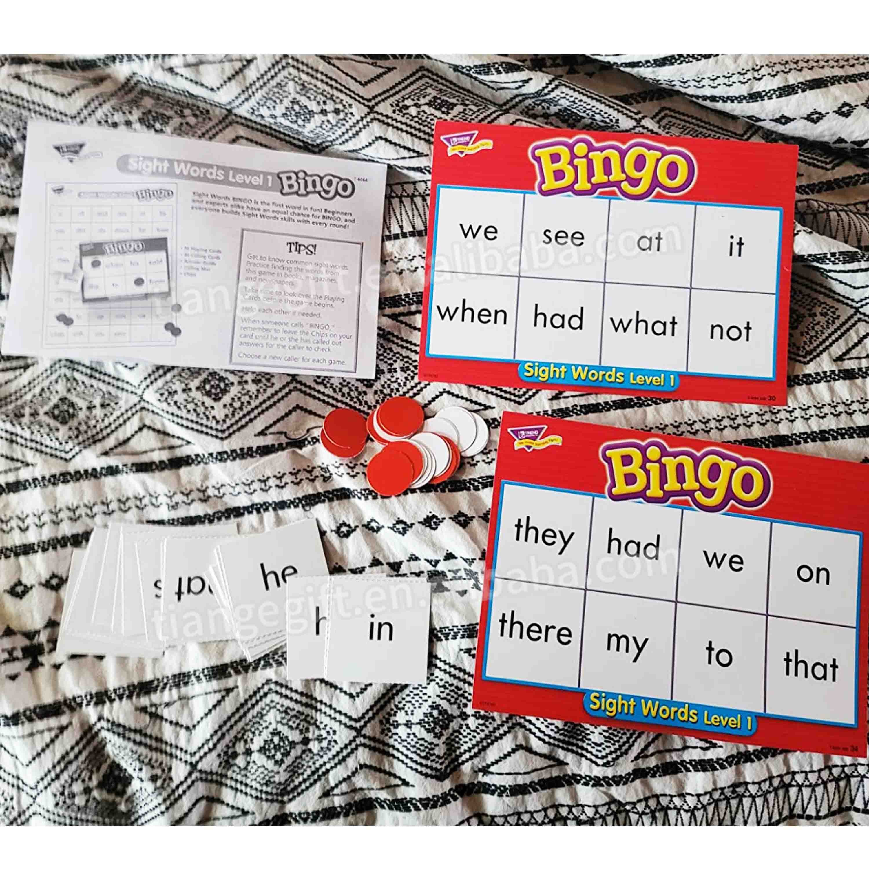 Custom learning fun flash cards sight words bingo card game set with chips