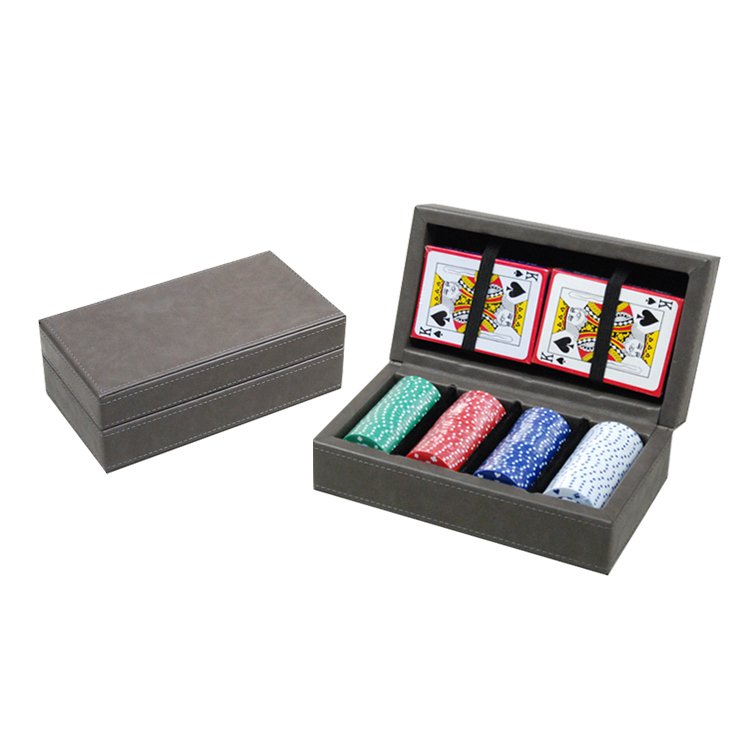 Custom PU leather box with poker chip plastic chips poker playing card dice game set