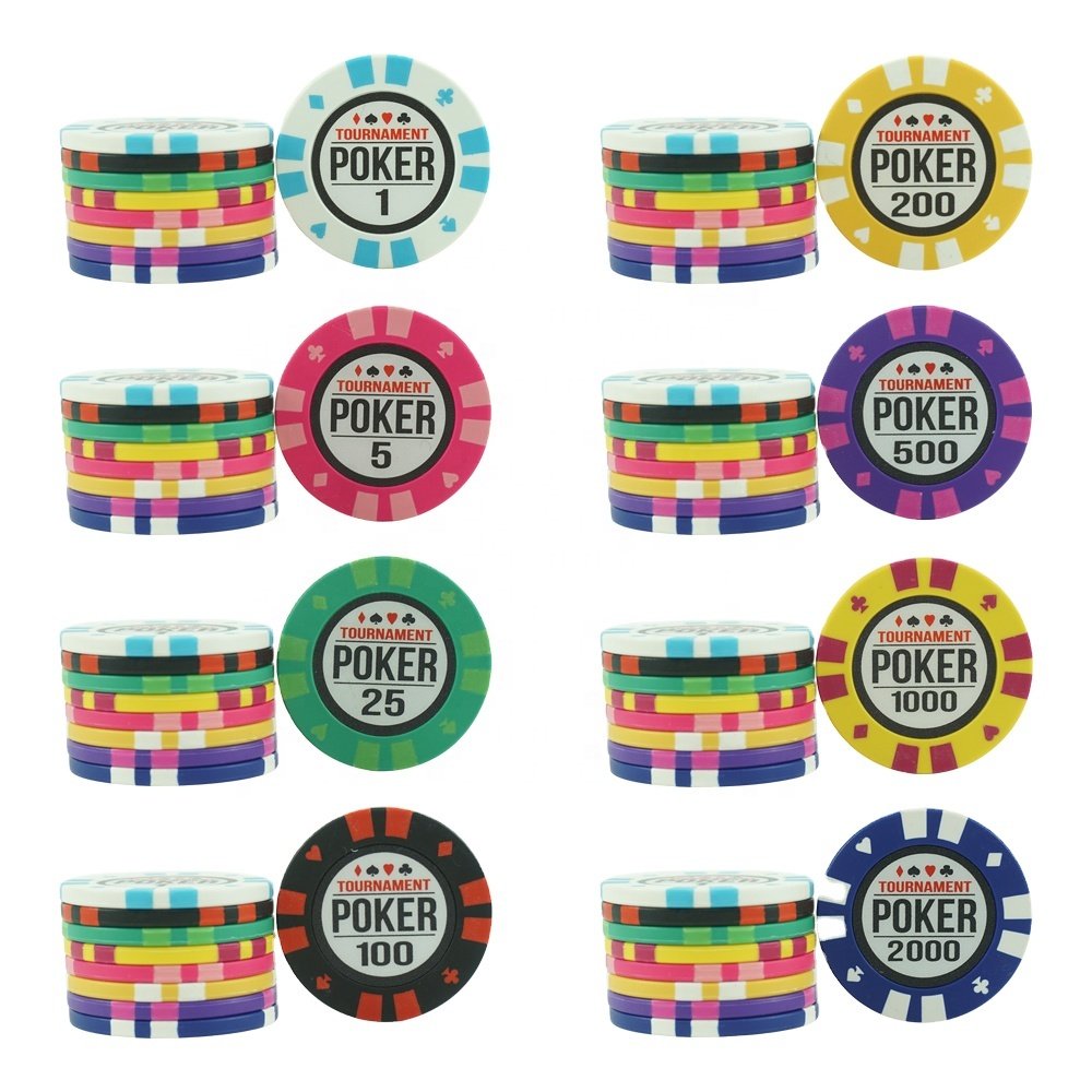 Factory custom tournament clay poker chips set with colored denomes 14grams 40*3.5mm with metal core for casino game token