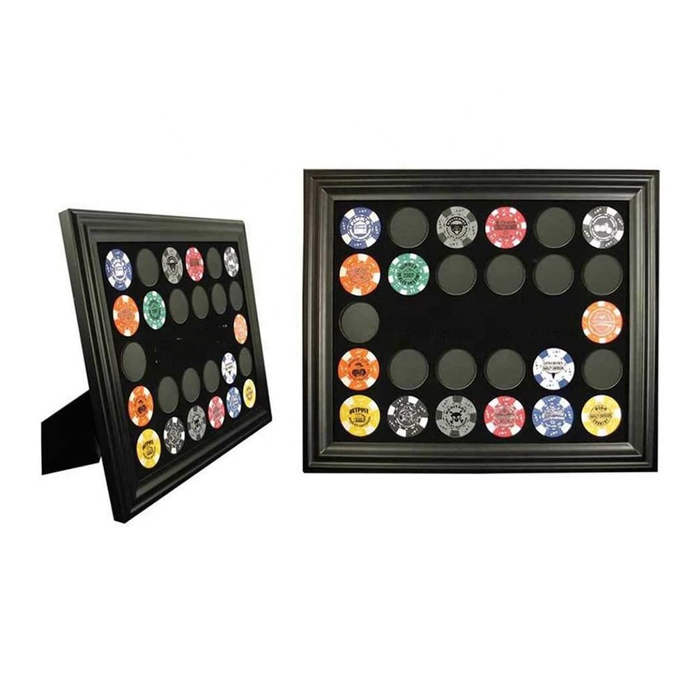 High quality black wood Holds 76 Poker Chips Shield Chip Collector Frame display case for home decoration