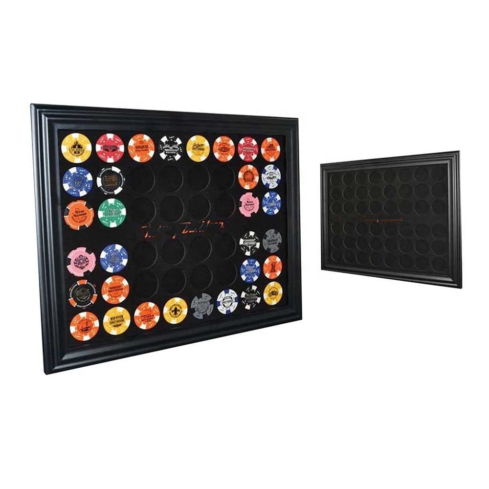 High quality black wood Holds 76 Poker Chips Shield Chip Collector Frame display case for home decoration