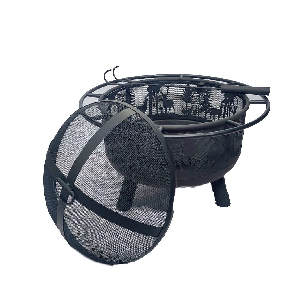 Reindeer & Christmas Tree Design based Fire Pit BBQ Grill Pit Mild Steel Mesh Sparkscreen Cover Poker Suitable For Patio Garden