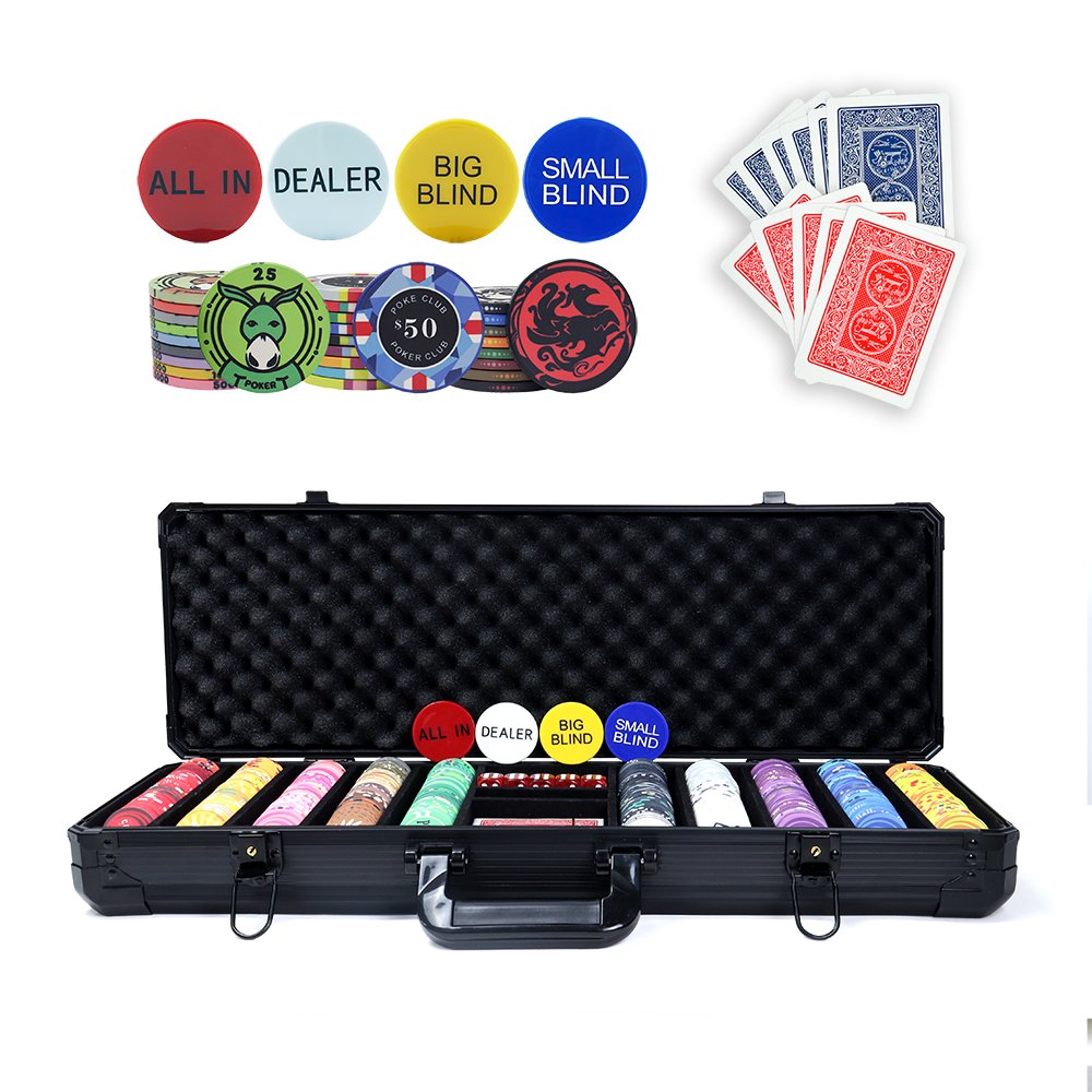 Professional 500 ceramic poker chips game set with black durable aluminum case with lock and other casino accessaries as picture