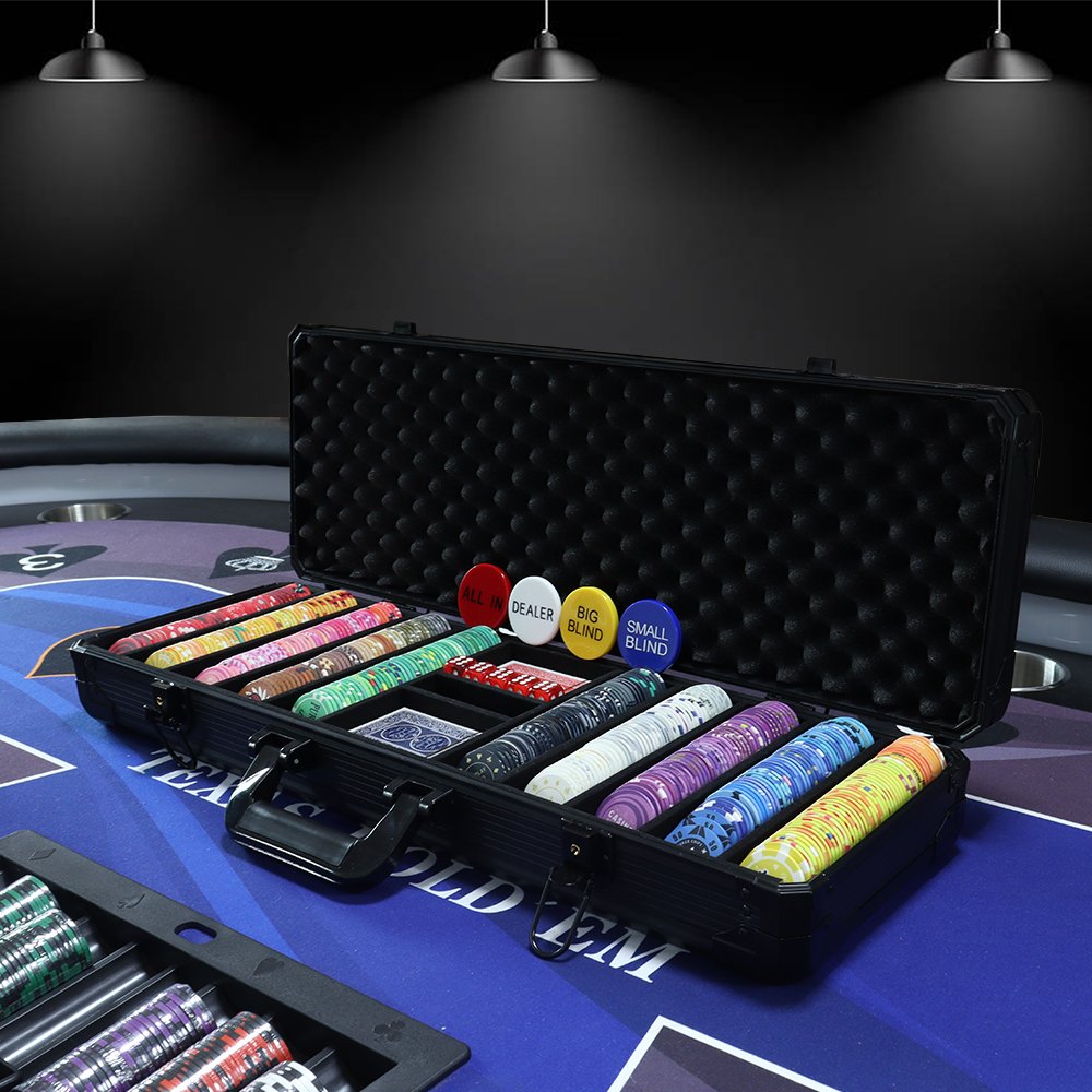 Professional 500 ceramic poker chips game set with black durable aluminum case with lock and other casino accessaries as picture