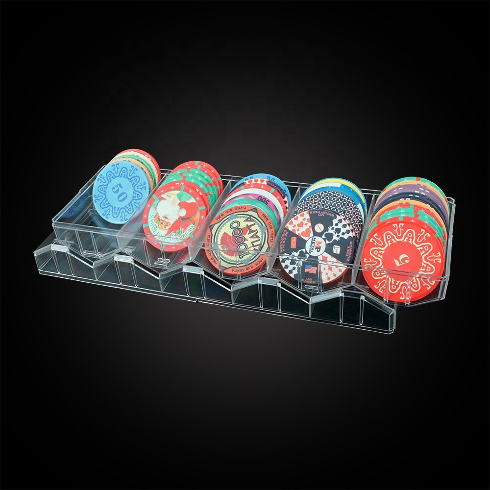 Hot sell 43mm 45mm poker chips storage tray with lid transparent acrylic rack casino accessory for carry 100pcs round chips