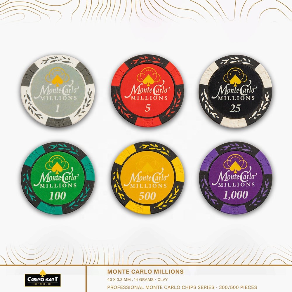 Monte Carlo clay poker chips with customized colour and logo in lay 14 gm casino quality