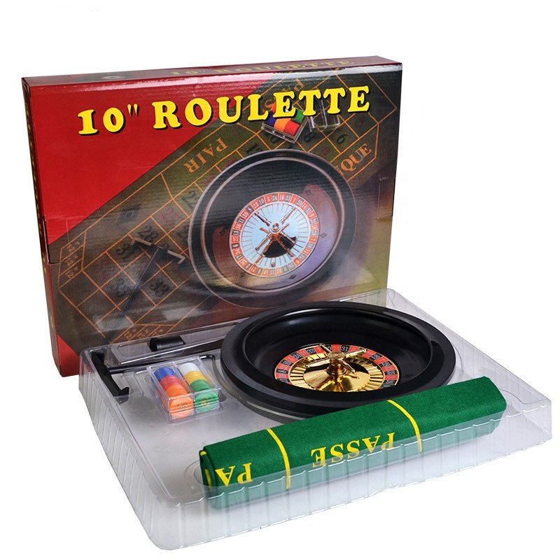 Casino Gambling Games Set 10'' Roulette Poker Set Roulette 60 pcs Small Poker Chips Table Cloth & Collecting Rake