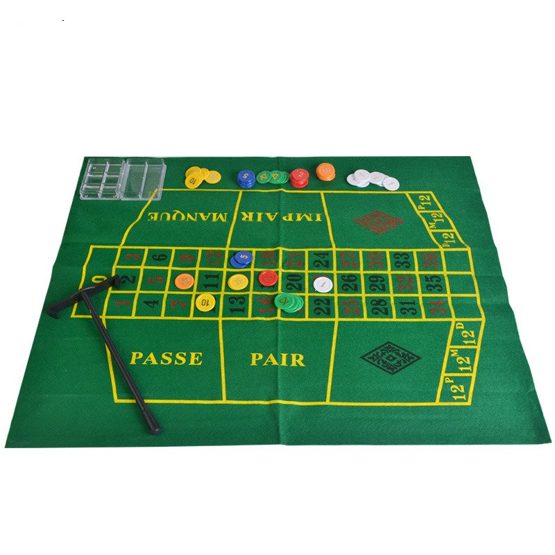 Casino Gambling Games Set 10'' Roulette Poker Set Roulette 60 pcs Small Poker Chips Table Cloth & Collecting Rake
