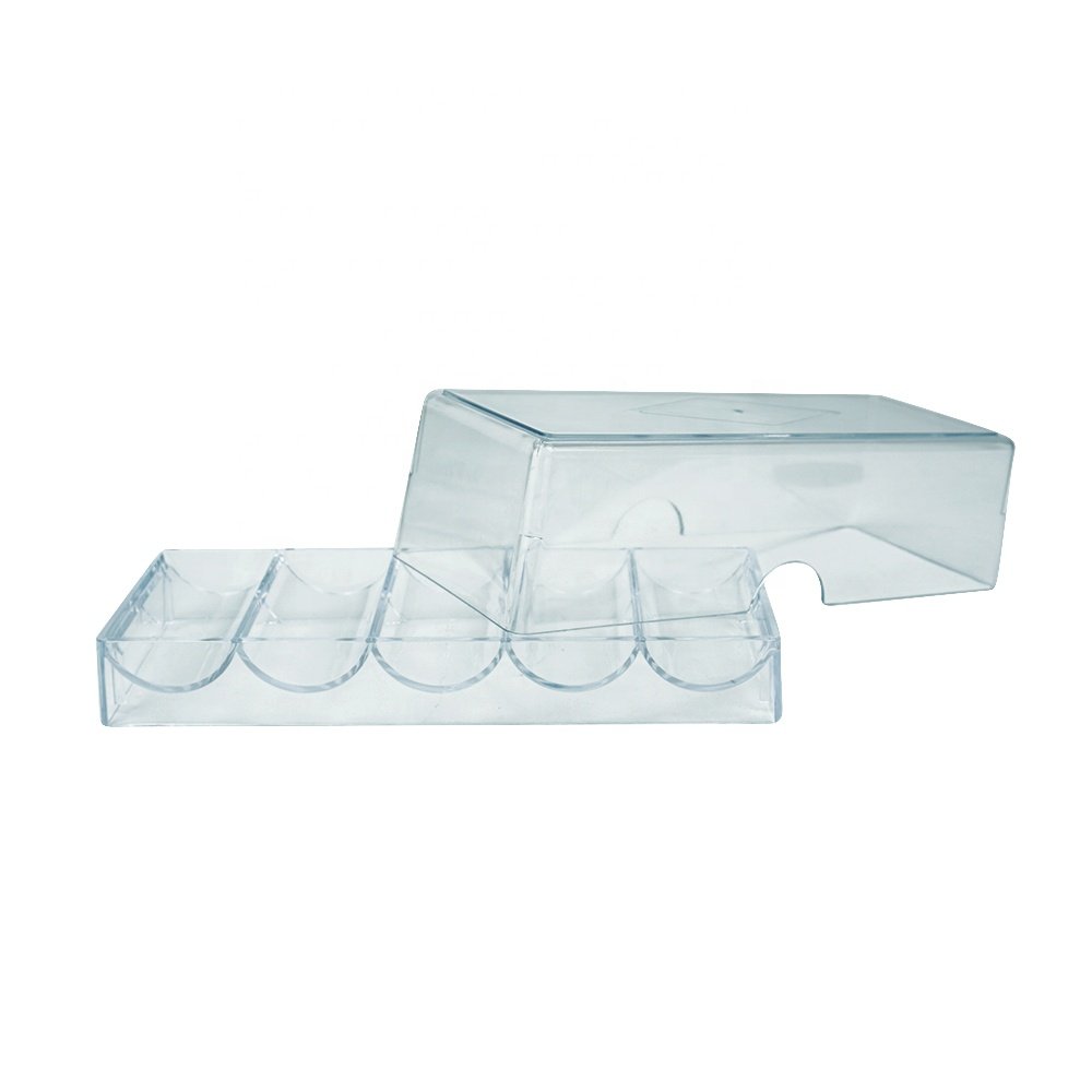 Hot sale 100ct acrylic poker chips trays with lid clear transparent plastic rack from factory for carry 40mm poker chips