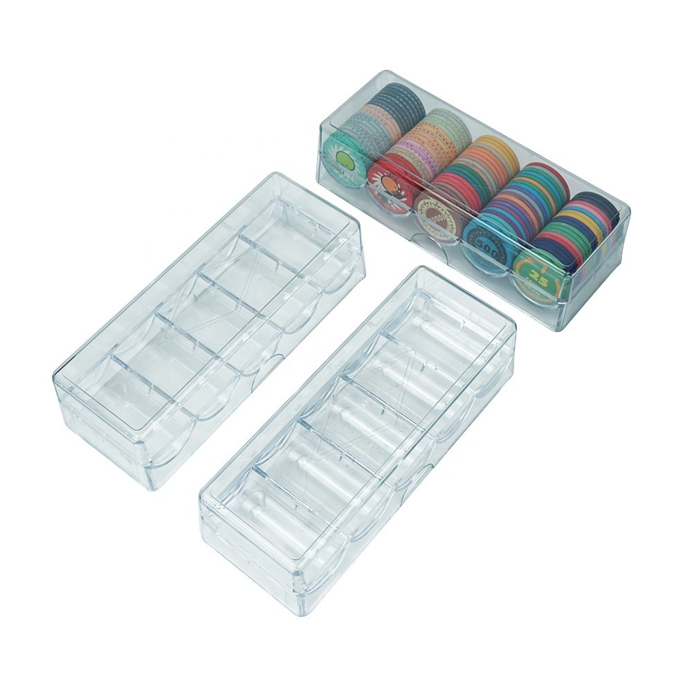Hot sale 100ct acrylic poker chips trays with lid clear transparent plastic rack from factory for carry 40mm poker chips
