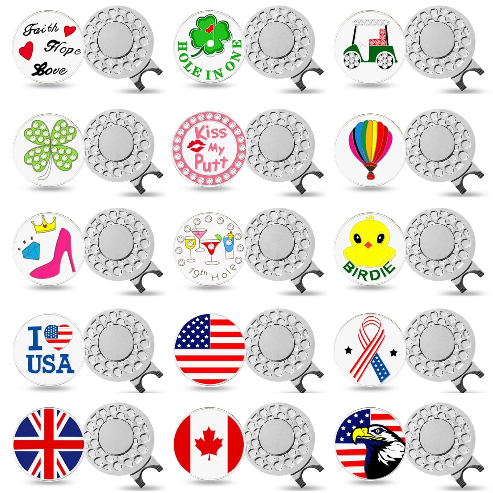 Golf Ball Markers Assorted Patterns Value Pack of Cap Clips and Divot Repair Tools Accessories Sets for Men Women Golfer