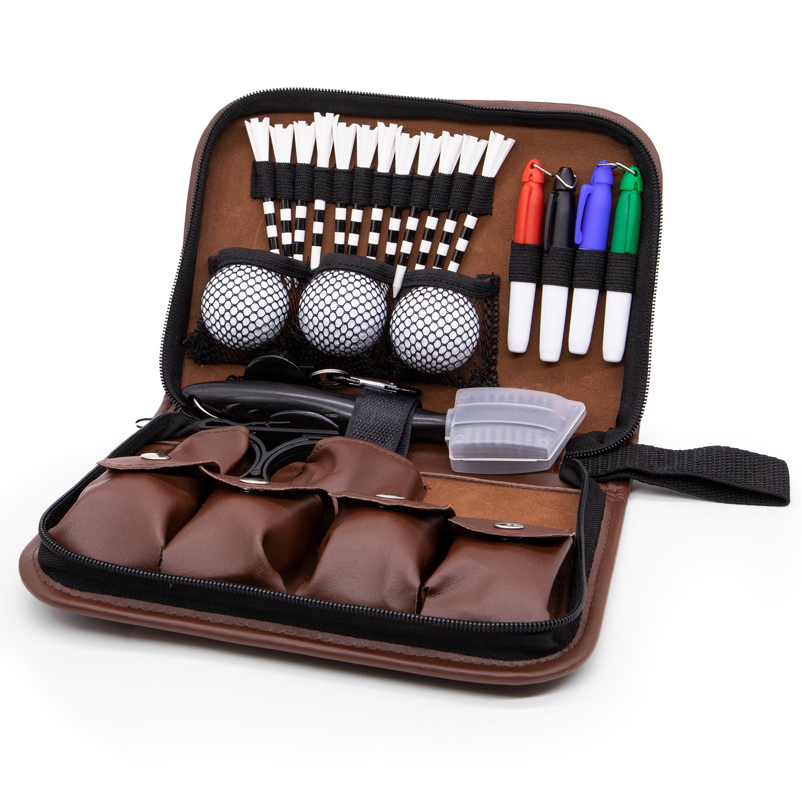 OEM Custom Leather Golf Tee, Ball Marker, Divot Tool Holder Golf Accessories Bag Golf Gift Set Case