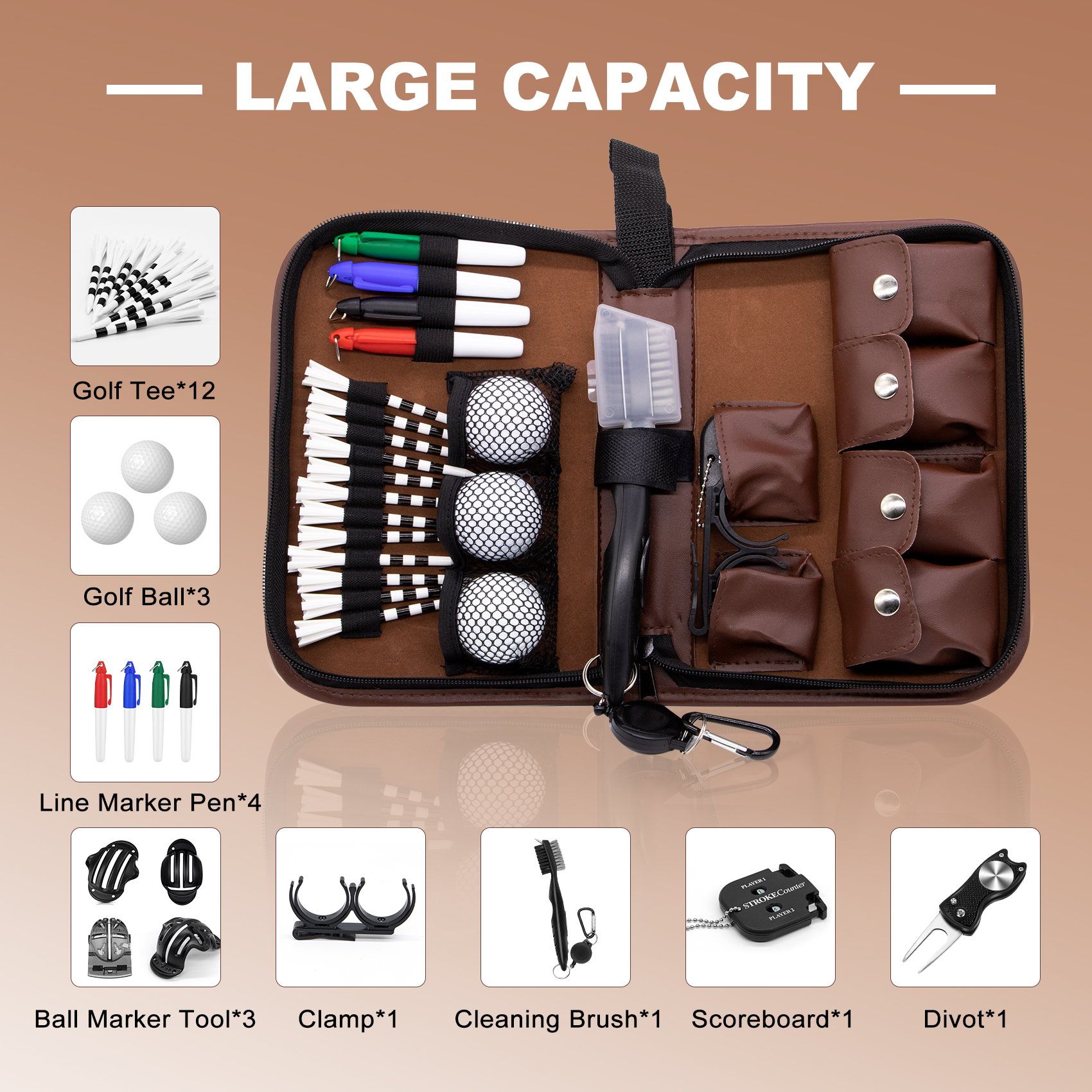 OEM Custom Leather Golf Tee, Ball Marker, Divot Tool Holder Golf Accessories Bag Golf Gift Set Case