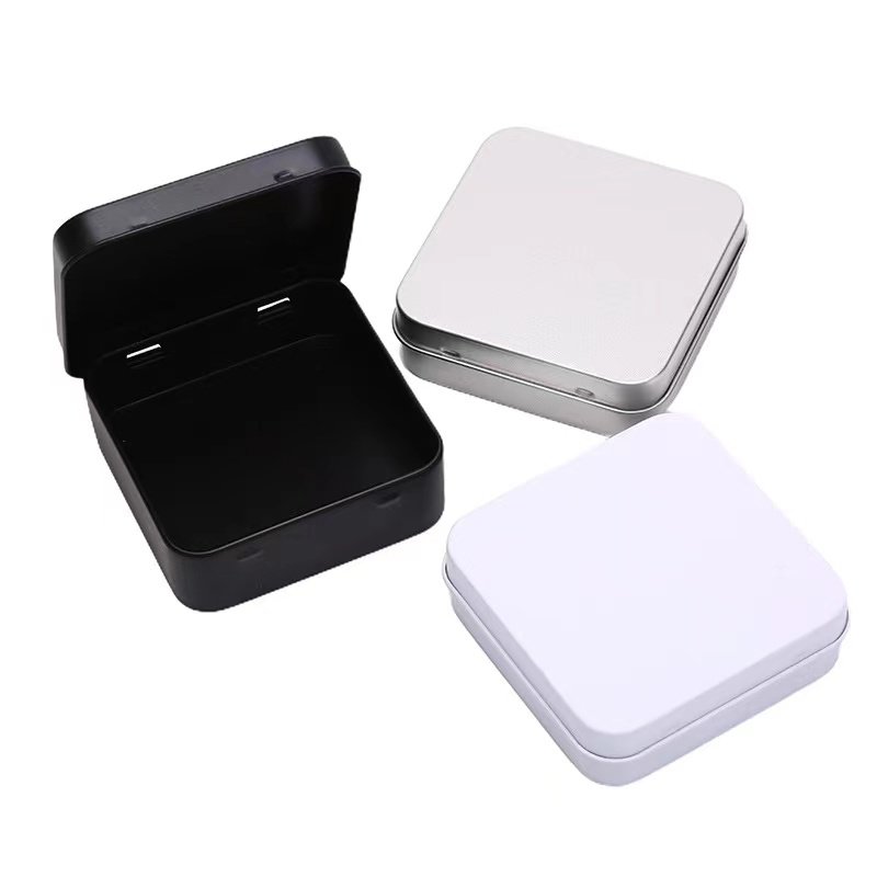 Stock Matte Black Square Box Hinged Stitch White Silver Pins Soap Condom Poker Package Rectangle Matte Black Tin Box