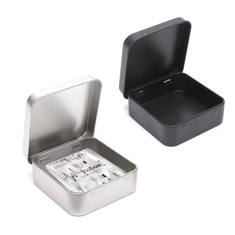 Stock Matte Black Square Box Hinged Stitch White Silver Pins Soap Condom Poker Package Rectangle Matte Black Tin Box