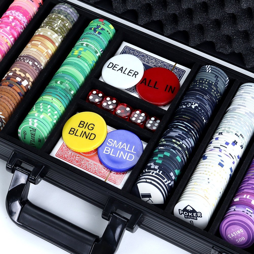 Professional 500 ceramic poker chips game set with black durable aluminum case with lock and other casino accessaries as picture